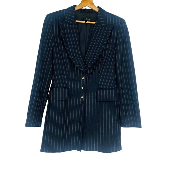 Vtg Escada Navy White Pinstripe Ermenegildo Zegna Wool & Silk Blazer Jacket 36 - Picture 1 of 7